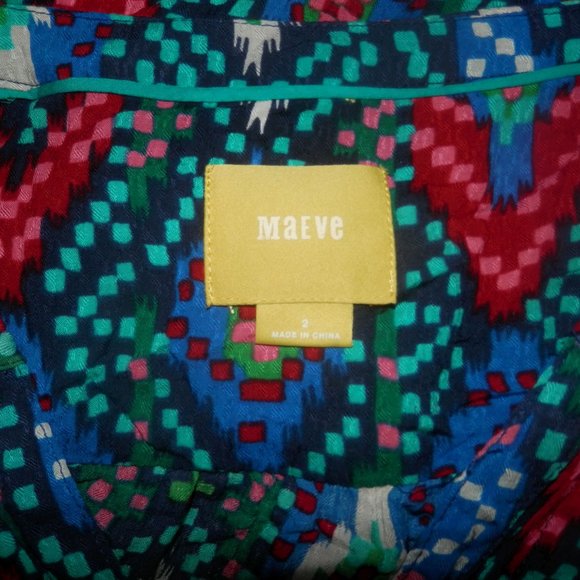 Maeve Top Drop Waist Drawstring Top 2 Blue Green Pink Geometric Blouse Pleated - Picture 5 of 5